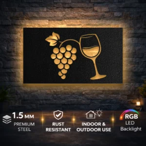 Wine Grapes and Glass Metal Art, Oversized Rustic Kitchen Decor, Backlit Bar Sign, Wine Enthusiast Gift