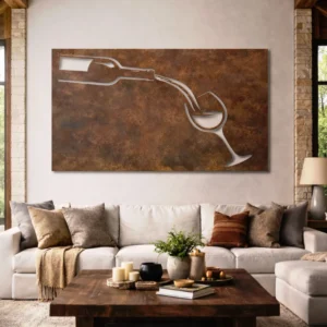 Wine Pour Minimal Design Metal Wall Art, Oversized Rustic Bar Decor, Optional LED Backlight, Wine Lover Gift