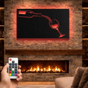 Wine Pour Minimal Design Metal Wall Art, Oversized Rustic Bar Decor, Optional LED Backlight, Wine Lover Gift