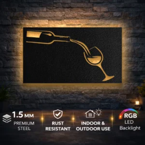 Wine Pour Minimal Design Metal Wall Art, Oversized Rustic Bar Decor, Optional LED Backlight, Wine Lover Gift