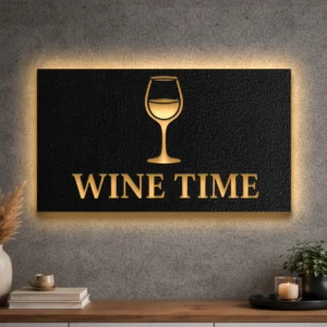 Large rustic Wine Time metal sign with a wine glass icon