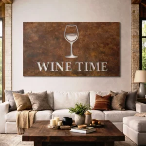 Wine Time Metal Sign, Large Rustic Bar Decor, Elegant Kitchen Wall Art, Wine Lover Gift Idea