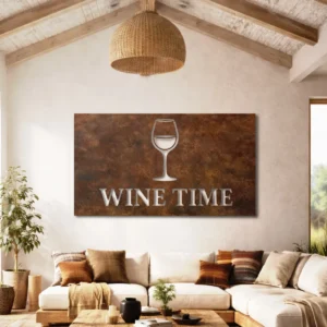Wine Time Metal Sign, Large Rustic Bar Decor, Elegant Kitchen Wall Art, Wine Lover Gift Idea