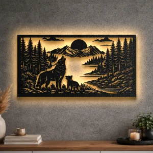 Large Wolf Family Forest Scene metal wall art with optional LED backlighting