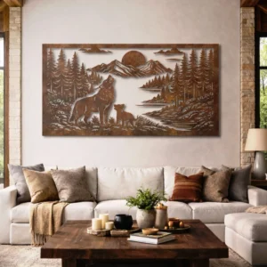 Wolf Family Forest Scene Metal Wall Art, Oversized Rustic Mountain Decor, Optional LED, Nature Lover Gift