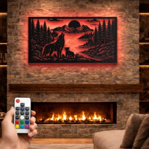Wolf Family Forest Scene Metal Wall Art, Oversized Rustic Mountain Decor, Optional LED, Nature Lover Gift