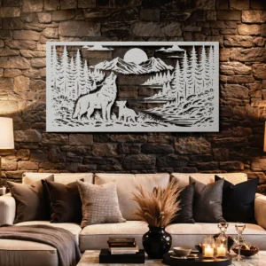 Wolf Family Forest Scene Metal Wall Art, Oversized Rustic Mountain Decor, Optional LED, Nature Lover Gift
