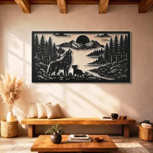 Wolf Family Forest Scene Metal Wall Art, Oversized Rustic Mountain Decor, Optional LED, Nature Lover Gift