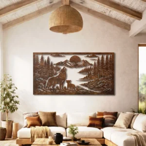 Wolf Family Forest Scene Metal Wall Art, Oversized Rustic Mountain Decor, Optional LED, Nature Lover Gift