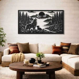 Wolf Family Forest Scene Metal Wall Art, Oversized Rustic Mountain Decor, Optional LED, Nature Lover Gift