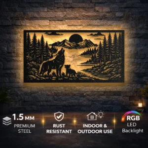 Wolf Family Forest Scene Metal Wall Art, Oversized Rustic Mountain Decor, Optional LED, Nature Lover Gift
