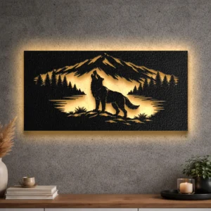 Large metal wall art featuring a howling wolf in a mountain scene