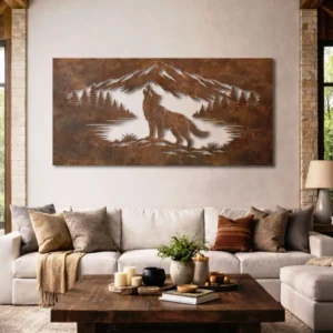 Wolf Family Mountain Metal Art, Oversized Rustic Wildlife Decor, Optional LED, Nature Lover Gift