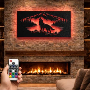 Wolf Family Mountain Metal Art, Oversized Rustic Wildlife Decor, Optional LED, Nature Lover Gift