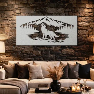 Wolf Family Mountain Metal Art, Oversized Rustic Wildlife Decor, Optional LED, Nature Lover Gift