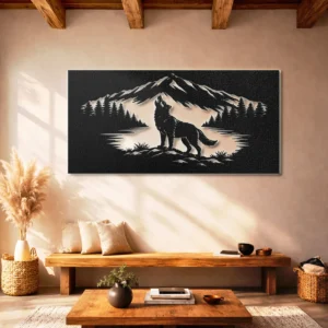 Wolf Family Mountain Metal Art, Oversized Rustic Wildlife Decor, Optional LED, Nature Lover Gift
