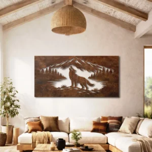 Wolf Family Mountain Metal Art, Oversized Rustic Wildlife Decor, Optional LED, Nature Lover Gift