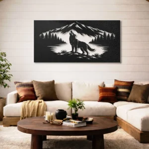 Wolf Family Mountain Metal Art, Oversized Rustic Wildlife Decor, Optional LED, Nature Lover Gift