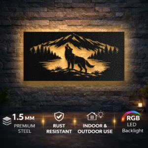 Wolf Family Mountain Metal Art, Oversized Rustic Wildlife Decor, Optional LED, Nature Lover Gift