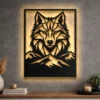 A large geometric wolf head metal art piece with mountains, illuminated by an optional LED light.