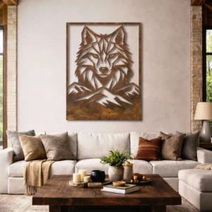 Wolf Head Geometric Metal Wall Art, Oversized Rustic Mountain Decor, Optional RGB LED, Lodge Cabin Gift