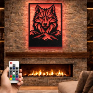 Wolf Head Geometric Metal Wall Art, Oversized Rustic Mountain Decor, Optional RGB LED, Lodge Cabin Gift