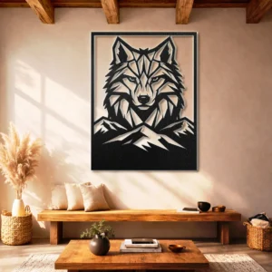 Wolf Head Geometric Metal Wall Art, Oversized Rustic Mountain Decor, Optional RGB LED, Lodge Cabin Gift