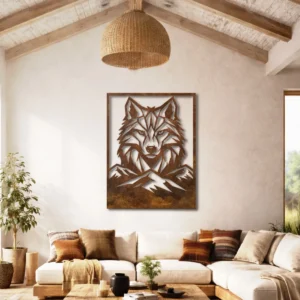 Wolf Head Geometric Metal Wall Art, Oversized Rustic Mountain Decor, Optional RGB LED, Lodge Cabin Gift