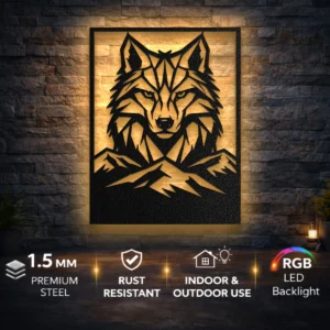 Wolf Head Geometric Metal Wall Art, Oversized Rustic Mountain Decor, Optional RGB LED, Lodge Cabin Gift