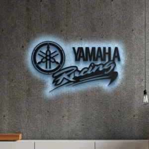 Black metal Yamaha Racing logo wall art with blue LED backlight