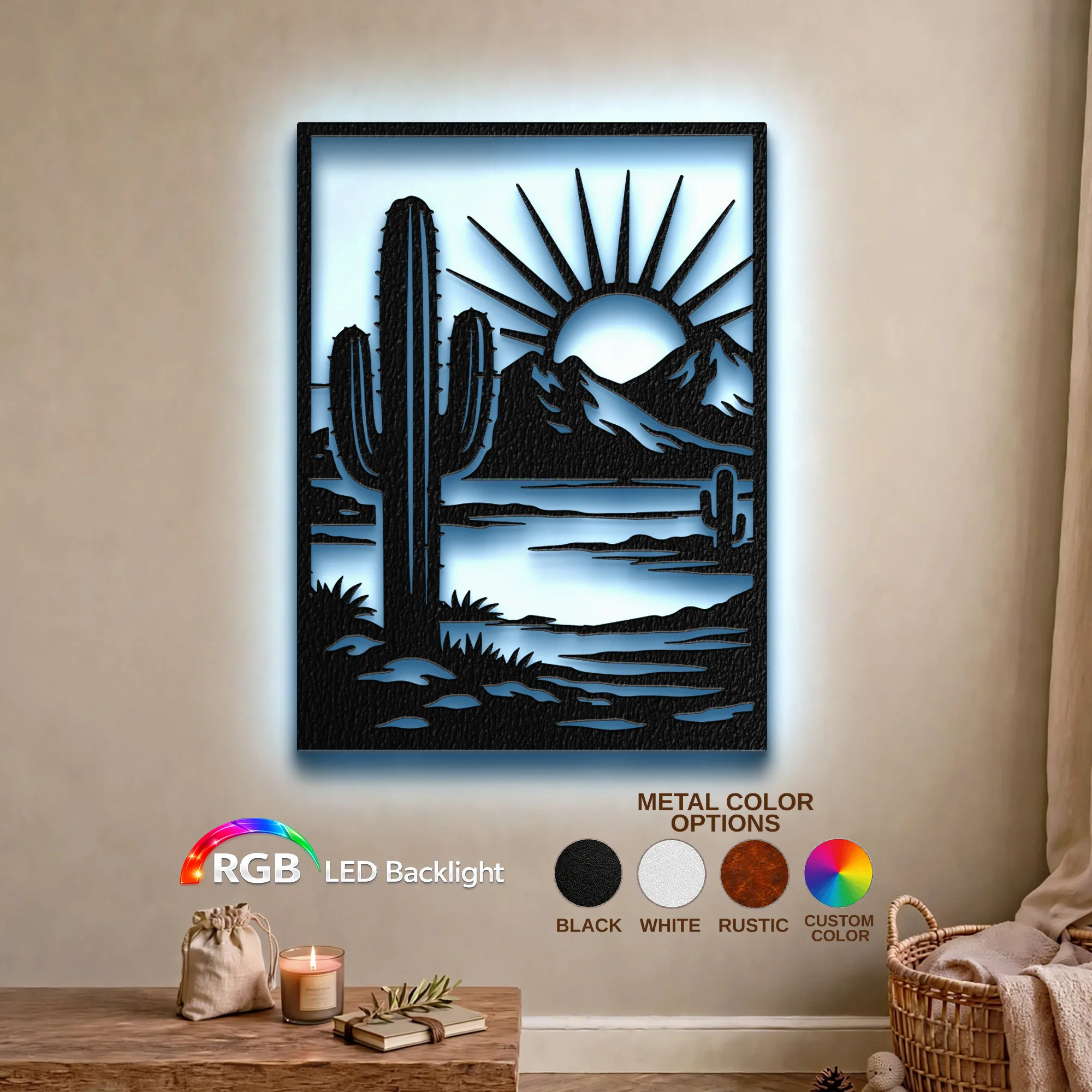 01127webp Steel Craft Art A black metal wall art piece showing a desert cactus sunset illuminated with a cool white LED backlight in a cozy living room