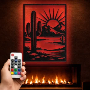 Desert Cactus Sunset Metal Wall Art, Large Rustic Western Home Decor, Southwest Wall Art with Optional RGB LED, Anniversary Gift for Him