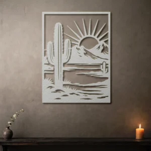 Desert Cactus Sunset Metal Wall Art, Large Rustic Western Home Decor, Southwest Wall Art with Optional RGB LED, Anniversary Gift for Him
