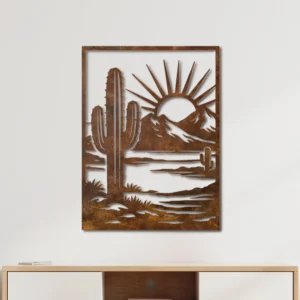 Desert Cactus Sunset Metal Wall Art, Large Rustic Western Home Decor, Southwest Wall Art with Optional RGB LED, Anniversary Gift for Him