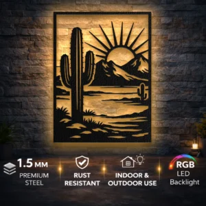 Desert Cactus Sunset Metal Wall Art, Large Rustic Western Home Decor, Southwest Wall Art with Optional RGB LED, Anniversary Gift for Him